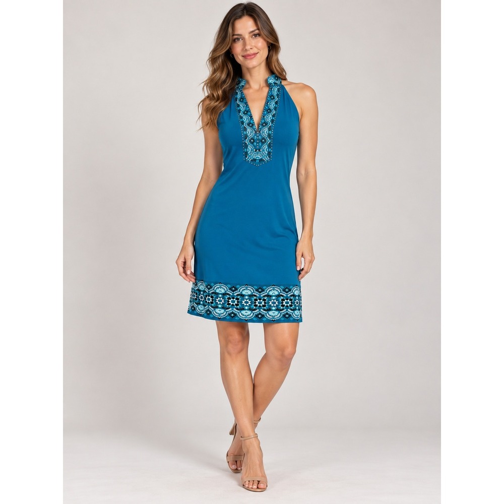 White House Black Market Dress Womens Small Boho Teal Beaded Halter Sheath